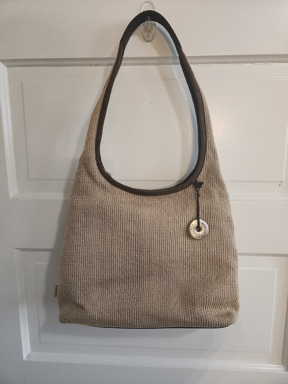 The Sak Woven Knit Hobo Shoulder Bag Beige Brown Boho Y2K Purse
